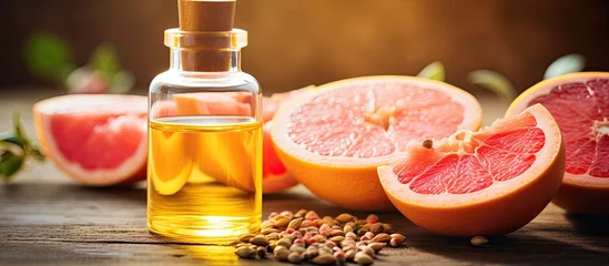 Fotobehang Grapefruit seed oil extract, grapefruit pieces, seeds, and oil spoon. COVID treatment drugs, natural antibiotics, antiviral medication. Boosts immunity during the coronavirus outbreak. © AkuAku