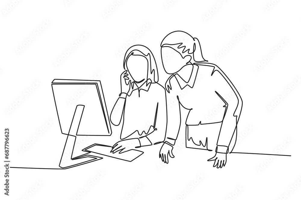 Poster continuous one line drawing of two young female workers learning work skill by watching video tutori