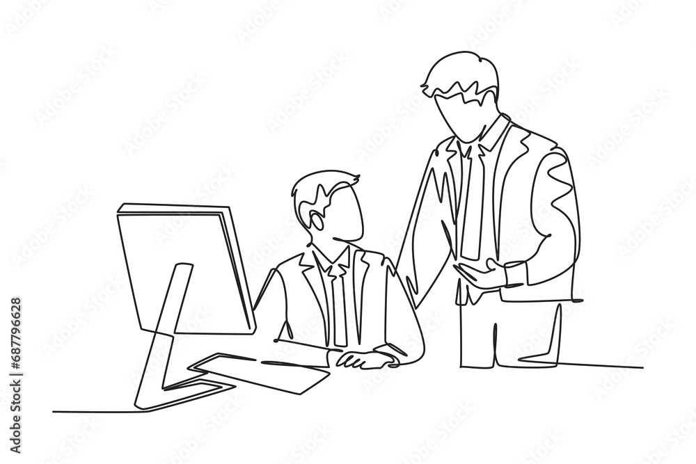 Poster continuous one line drawing of young manager take a talk to teach new employee about finishing the j
