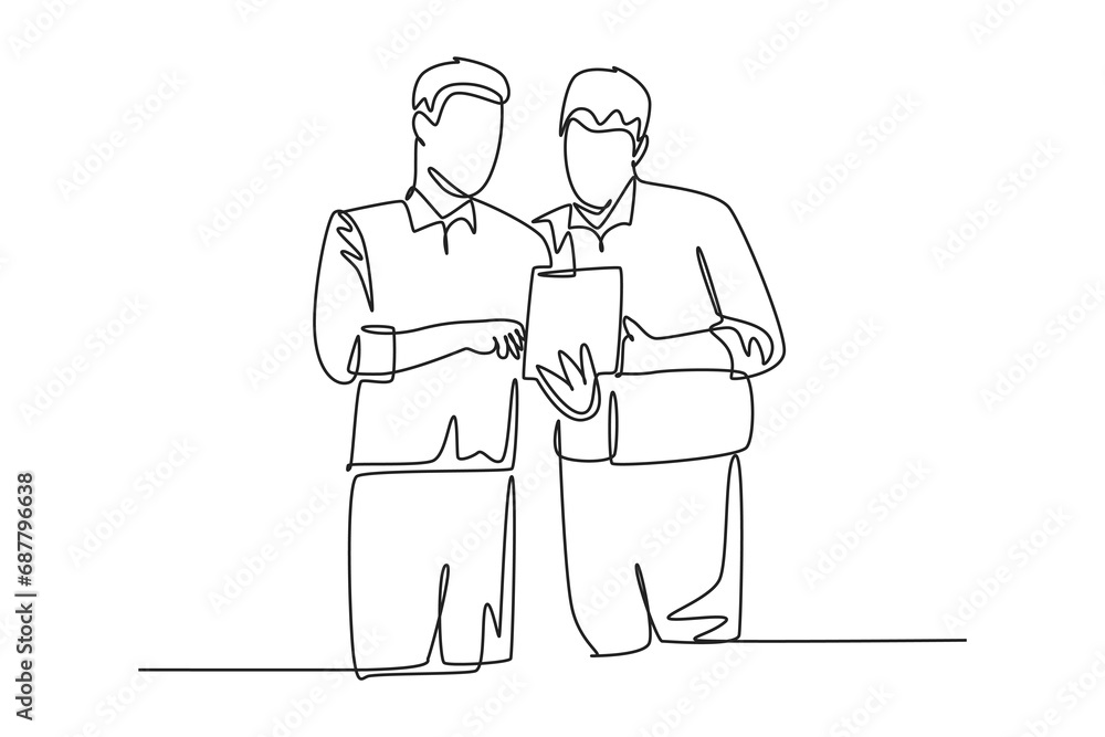 Aufkleber single continuous line drawing of young employee talking to his colleague discussing new company pro