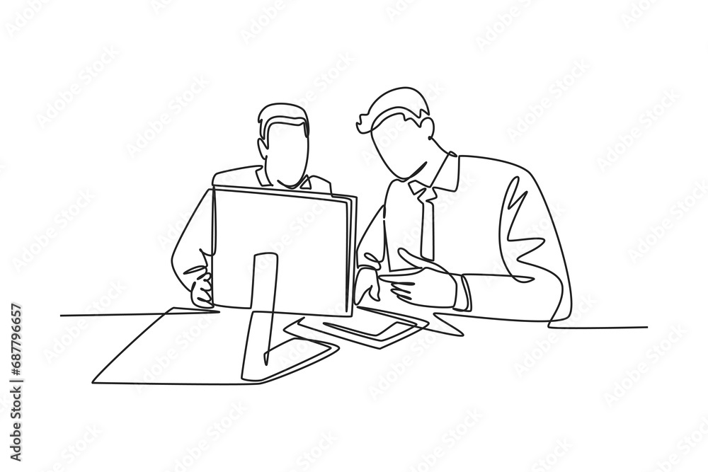 Aufkleber single continuous line drawing two young successful business owner discussing product innovation wit