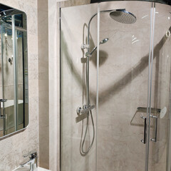 shower cabin, modern bathroom in beige tones