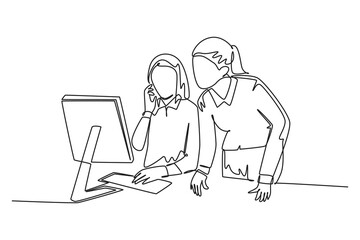 Continuous one line drawing of two young female workers learning work skill by watching video tutorial on screen together. Video conference concept. Single line draw design vector graphic illustration - obrazy, fototapety, plakaty