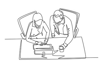 Single continuous line drawing of young businessman and businesswoman talking new product launch while watching presentation on screen. Business talk. One line draw graphic design vector illustration