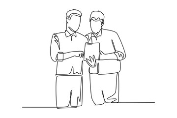 Obraz premium Single continuous line drawing of young employee talking to his colleague discussing new company project during meeting. Office talk concept. Dynamic one line draw graphic design vector illustration