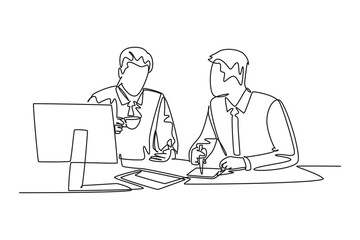 Fototapeta na wymiar Single one line drawing two young men sitting over a cup of coffee and talking about work plans in the office. Success lifestyle concept. Modern continuous line draw design graphic vector illustration