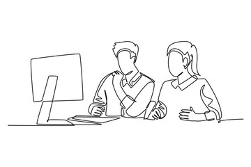 Single one line drawing two young serious male and female worker watching sales chart on computer screen. Sales growth business concept. Modern continuous line draw design graphic vector illustration