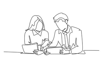 Single one line drawing two young male and female worker holding a paper and discussing about work together at office. Job discussion concept. Continuous line draw design graphic vector illustration