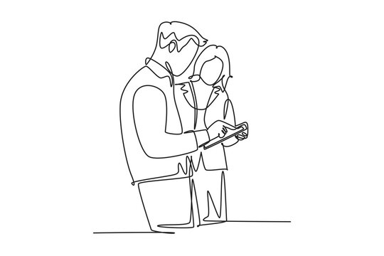 recommend clip art: Single continuous line drawing of two young male and female director watching company growth chart on screen tablet. Business growth concept. Dynamic one line draw graphic design vector illustration