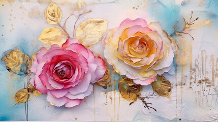Grunge roses with gold leaves watercolor paint with drips and splatter texture. Floral abstract illustration for Valentine’s Day romantic clip art. Flowers collage overlay for summer love by Vita - obrazy, fototapety, plakaty