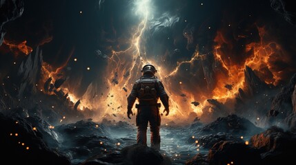 a man standing on a rocky mountain in front of a huge explosion of lava - obrazy, fototapety, plakaty