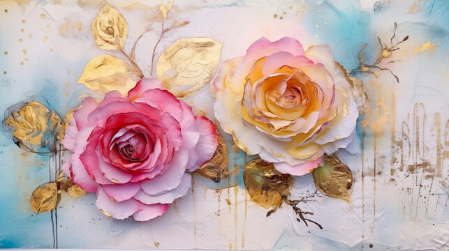 Grunge roses with gold leaves watercolor paint with drips and splatter texture. Floral abstract illustration for Valentine’s Day romantic clip art. Flowers collage overlay for summer love by Vita