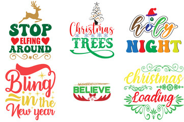 Christmas and New Year Trendy Retro Style Illustration Set Christmas Vector Illustration for Sticker, Label, Book Cover