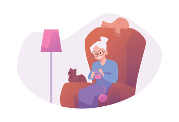 Cute happy grandma sits in chair and knits flat style, vector illustration