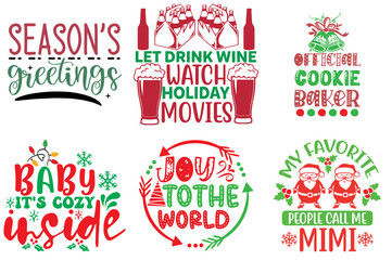 Merry Christmas and Happy New Year Trendy Retro Style Illustration Set Christmas Vector Illustration for Postcard, Label, Flyer