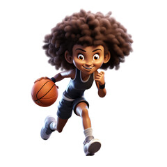 3D cartoon character cute black afro young woman basketball player with ball in action sport Athletes, Full body isolated on white and transparent background