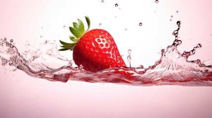 Fresh strawberry berry flying falling in splashing water isolated