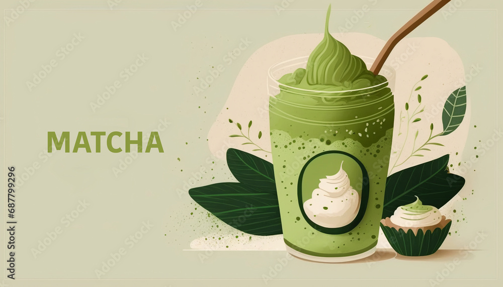 Sticker instant matcha latte with flying tea leaves and green wave pattern background, with japanese kanji w