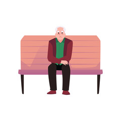 Sad old lonely man sitting on bench flat style, vector illustration