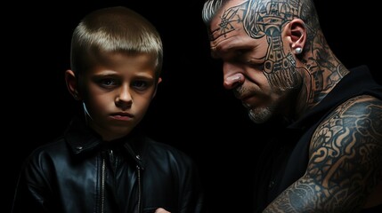 Criminal dangerous personality, a man with tattoos and his heir. Danger for children, save and protect children from dangers and crime