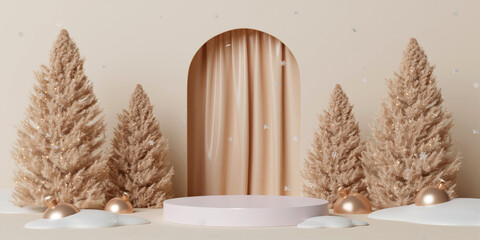 3d Christmas tree podium. Realistic 3d with design stage podium. Decorative festive elements glass bauble balls. Xmas holiday template podium.