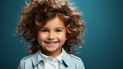 Little curly happy girl on a plain background - obrazy, fototapety, plakaty