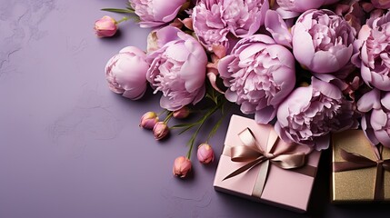 Festive gift box with bow and peonies on lilac pastel background