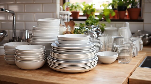 A stack of clean washed dishes on the table in the kitchen, cleanliness and pedantry in the house
