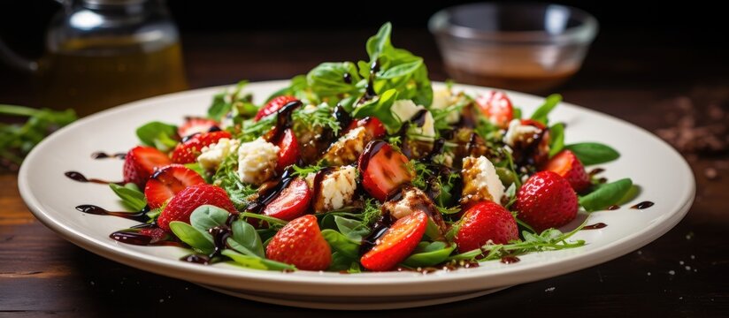 Fresh salad with burata cheese, strawberries, cherry tomatoes, spinach, beet leaves, lettuce, and balsamic sauce.
