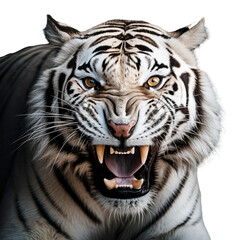 Obraz premium White tiger close-up, roaring isolated on transparent background, cutout PNG file.