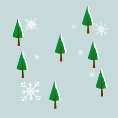 Green Chistmas trees and snow flakes on light blue background, used for spring concept, vector and illustration design