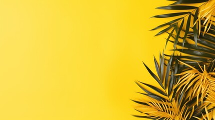 Tropical leaves and palm leaves on a yellow background mock up empty space for text