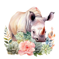 Safari Animal set Triceratops and flower Illustration, Generative Ai