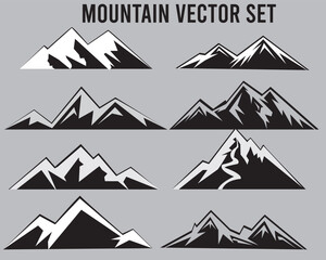 Mountain silhouette 8 set. Rocky mountains icon or logo collection. silhouette Vector illustration.