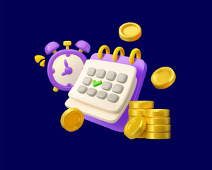 Vector 3d icon calendar with clock and money. Flying golden coins with alarm, reminder of timely payments idea. Time to pay design concept, isolated on dark background.