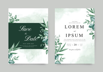 Fototapeta na wymiar Elegant wedding invitation template with watercolor green leaves