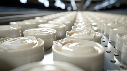 White round bottles of face cream in rows, cosmetics laboratory assembly line