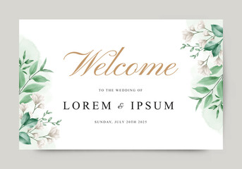 Obraz premium Elegant wedding welcome sign with watercolor foliage and flower decoration