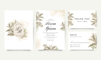 Set of elegant wedding invitation templates with watercolor foliage