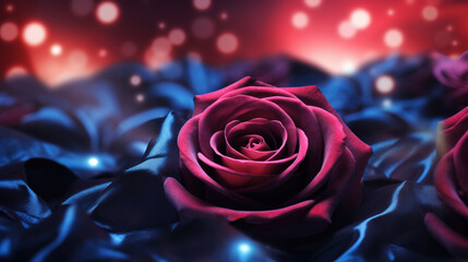 Dark red and purple Valentine's day background with rose, silk and beautiful bokeh