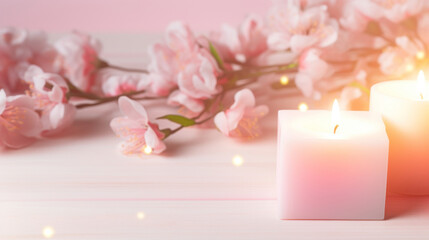 Spa and aromatherapy background with blooming pink sakura flowers and burning candles.