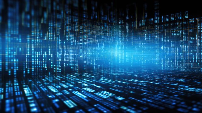 Blue digital binary data computer screen background,  technology matrix backdrop, Generative ai