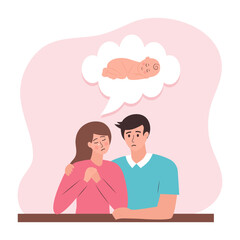 Man supports woman. Young infertile couple. Unsuccessful IVF attempt. Empathy and compassion.