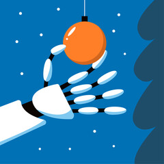 AI Robot decorates the Christmas tree. Artificial intelligence at the New Year's party. Flat vector illustration.
