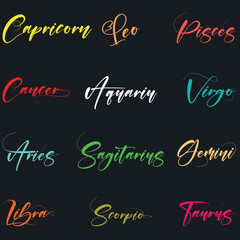 set calligraphic zodiac names, set zodiac name hand lettering, Handwritten set of vector zodiac signs names, Hand drawn Astrology Latin name letters,.eps8