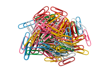 Top view of pile colorful paper clips isolated on white background included clipping path.