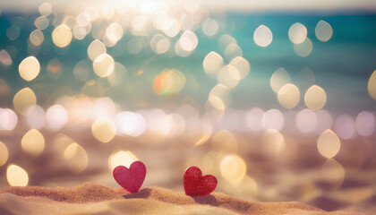 hearts in sand on the beach at sunset, Valentine day love - obrazy, fototapety, plakaty