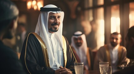Arabic man in traditional attire leading a corporate meeting, emphasizing the grace and cultural richness in the business environment, side view - obrazy, fototapety, plakaty
