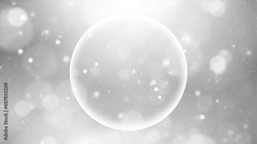 Poster artistic snowfall with stars and empty glass sphere loop animation.