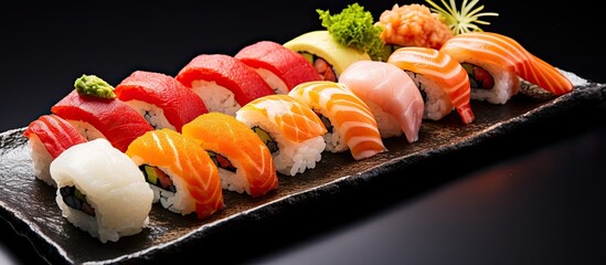 Assorted sushi varieties on a dish.